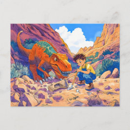 Anime-pojke med T-Rex på fossil jakt Helg Vykort