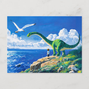 Anime-pojke och Brachiosaurus som blickar ut över  Helg Vykort