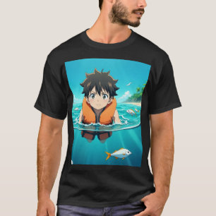 Anime Pojke som simmar i havet med fisk – Söt A T Shirt