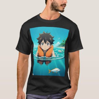 Anime Pojke som simmar i havet med fisk – Söt A T Shirt