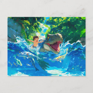 Anime-pojke som simmar med dinosaurie till havs helg vykort