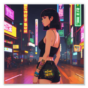 Anime Punk Girl Cruising City Neon Ljus Fototryck