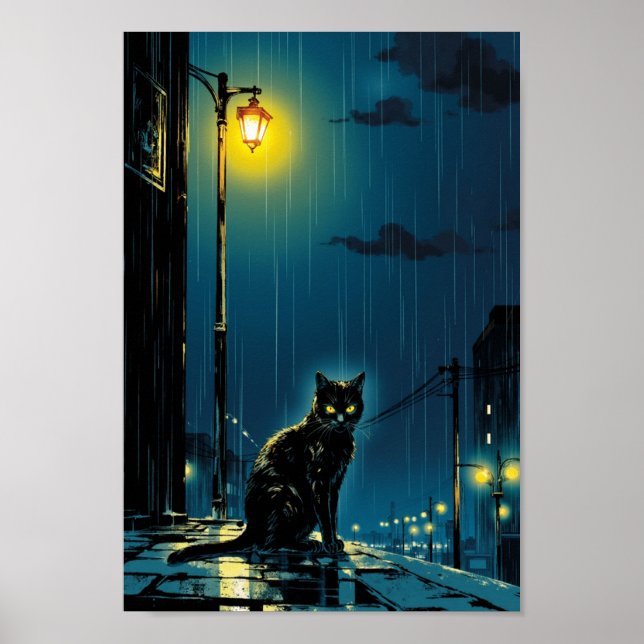 Anime Rainy Night Cat Wall Art Poster (Framsidan)