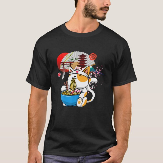 Anime Ramen Cat Japanska Noodles Aesthetic Kawaii T Shirt (Framsida)
