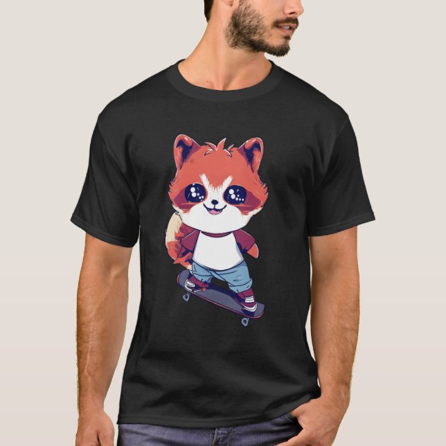 Anime Red Panda Skateboarding Skater T Shirt (Framsida)