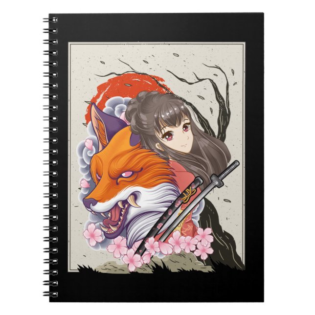 Anime Samurai Fox Otaku Japansk flicka Anteckningsbok (Framsidan)