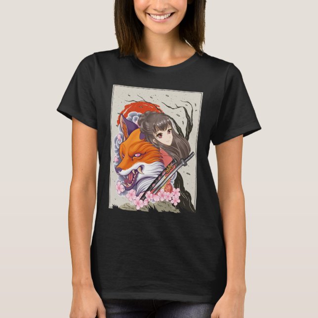 Anime Samurai Fox Otaku Japansk flicka T Shirt (Framsida)