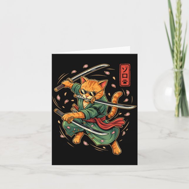 Anime Samuraj Katt Tre Svärd Japansk Stil Konst  Kort (Framsida)