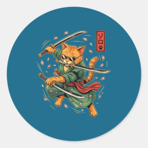 Anime Samuraj Katt Tre Svärd Japansk Stil Konst Runt Klistermärke