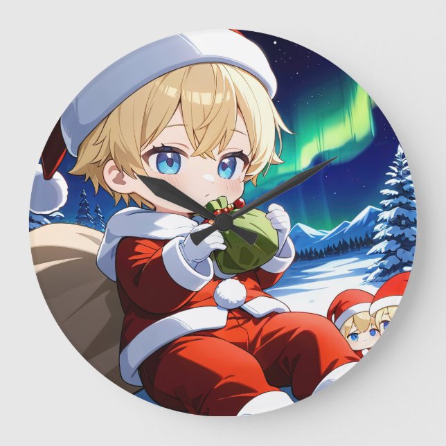 Anime Santa Boy Aurora Christmas Wall Clock Stor Klocka (Framsida)