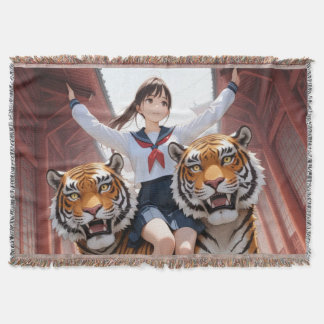Anime Schoolgirl Riding Two-Headed Bengal Tiger Filt
