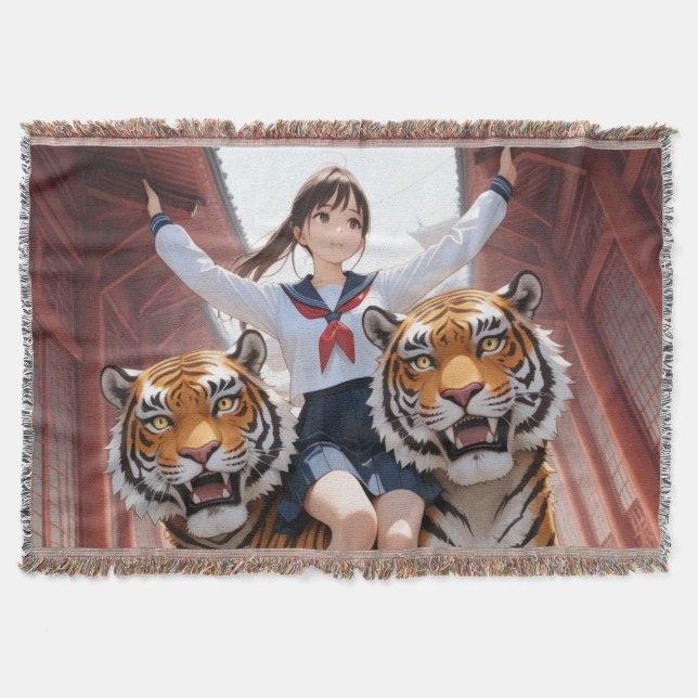 Anime Schoolgirl Riding Two-Headed Bengal Tiger  Filt (Framsidan)
