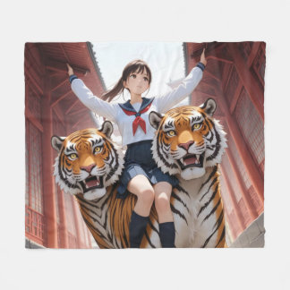 Anime Schoolgirl Riding Two-Headed Bengal Tiger Fleecefilt
