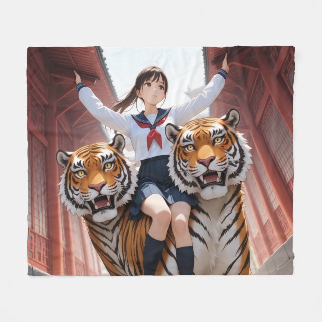 Anime Schoolgirl Riding Two-Headed Bengal Tiger  Fleecefilt (Framsidan (Horisontell))