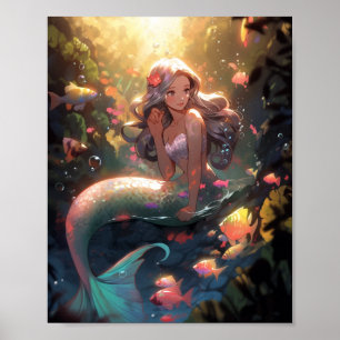 Anime Sjöjungfru Girl Fantasy Art Poster