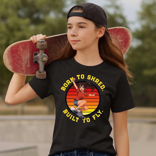 Anime Skateboarder Girl On Retro Sunset Template T Shirt (Skapare uppladdad)