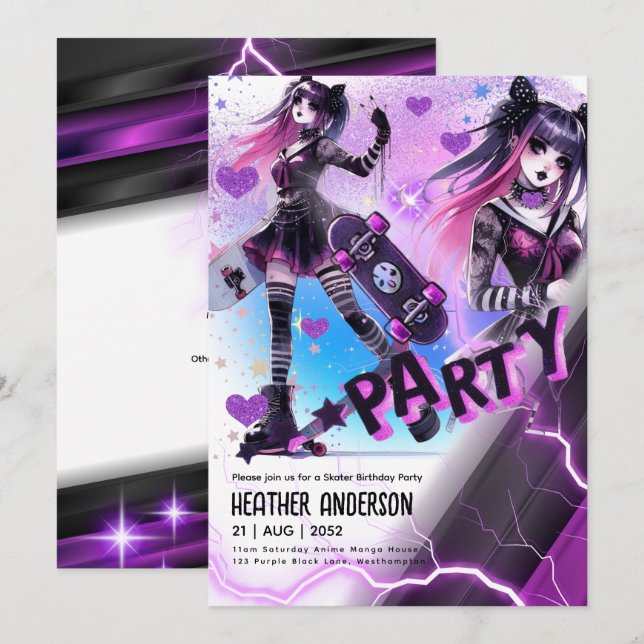 Anime Skater Girl Födelsedagsfest Skateboarding Inbjudningar (Fram/baksida)