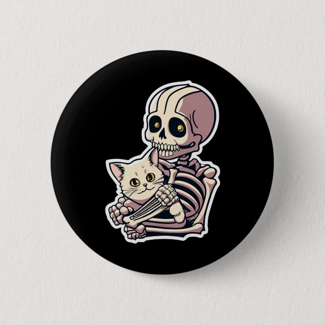Anime Skeleton Holding A Cat Shirt Lazy Halloween Knapp (Framsida)