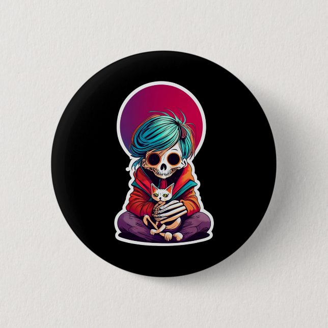 Anime Skeleton Holding A Cat Shirt Lazy Halloween Knapp (Framsida)