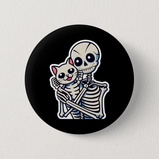 Anime Skeleton Holding A Cat Shirt Lazy Halloween Knapp (Framsida)