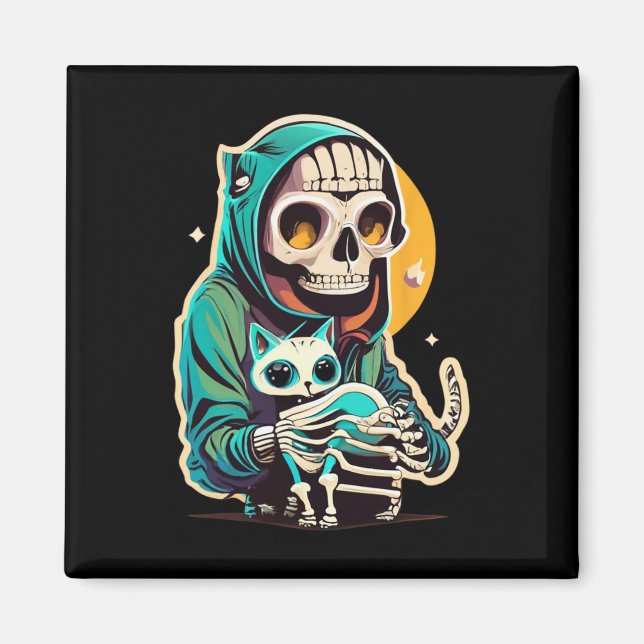 Anime Skeleton Holding A Cat Shirt Lazy Halloween Magnet (Framsidan)