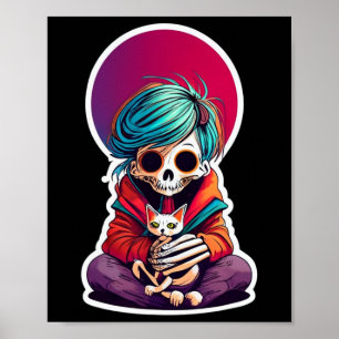 Anime Skeleton Holding A Cat Shirt Lazy Halloween Poster