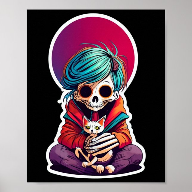 Anime Skeleton Holding A Cat Shirt Lazy Halloween Poster (Framsidan)