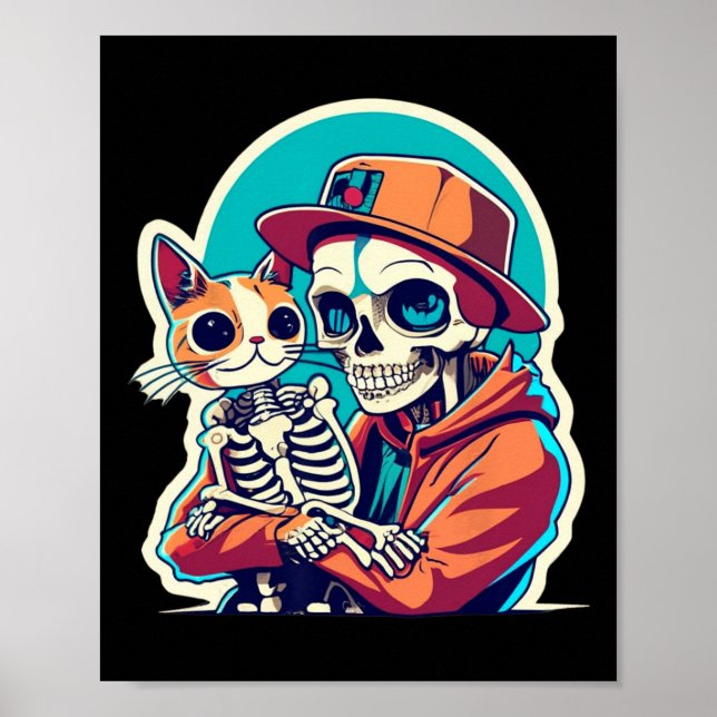 Anime Skeleton Holding A Cat Shirt Lazy Halloween Poster (Framsidan)