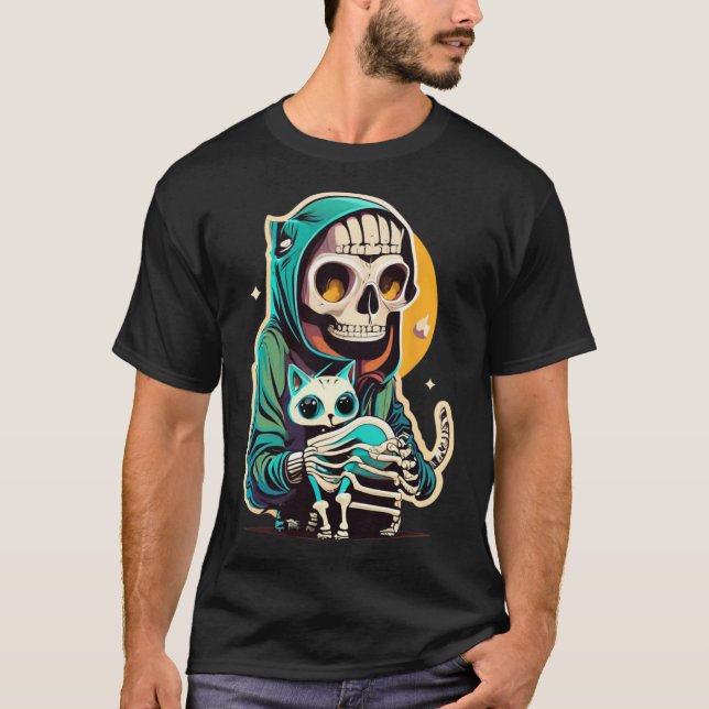 Anime Skeleton Holding A Cat Shirt Lazy Halloween T (Framsida)