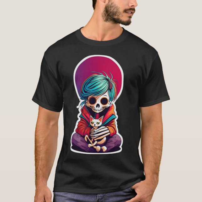 Anime Skeleton Holding A Cat Shirt Lazy Halloween T (Framsida)