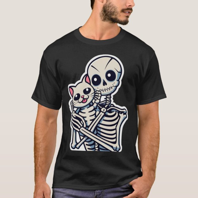 Anime Skeleton Holding A Cat Shirt Lazy Halloween T (Framsida)