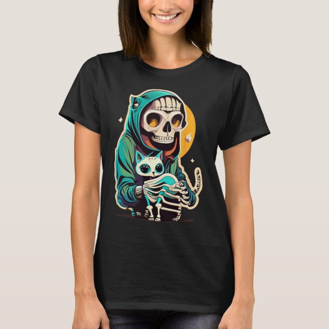 Anime Skeleton Holding A Cat Shirt Lazy Halloween T (Framsida)