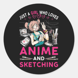 Anime Sketching Girl Otaku Tonåring japansk Teckn Runt Klistermärke