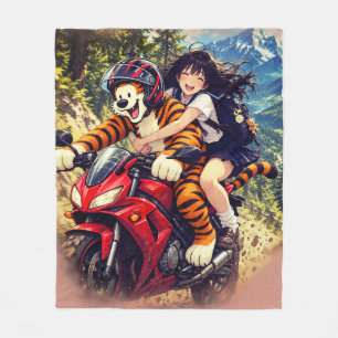 Anime skol flicka och tiger motorcykel åktur – fleecefilt