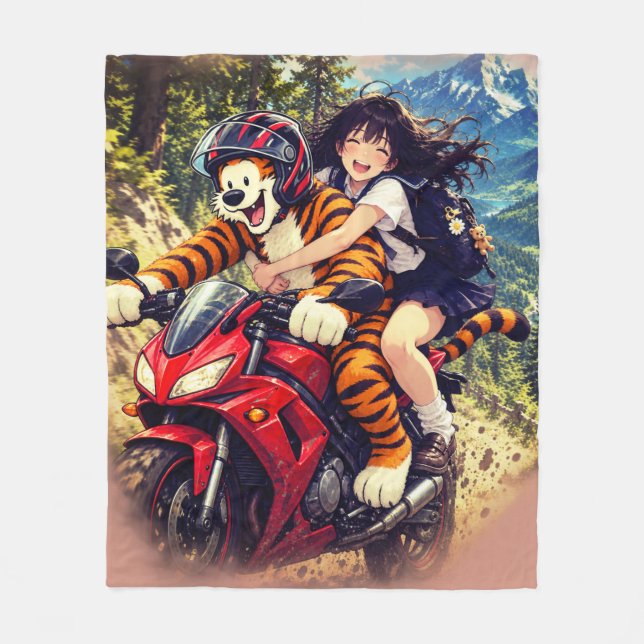 Anime skol flicka och tiger motorcykel åktur – fleecefilt (Framsidan)