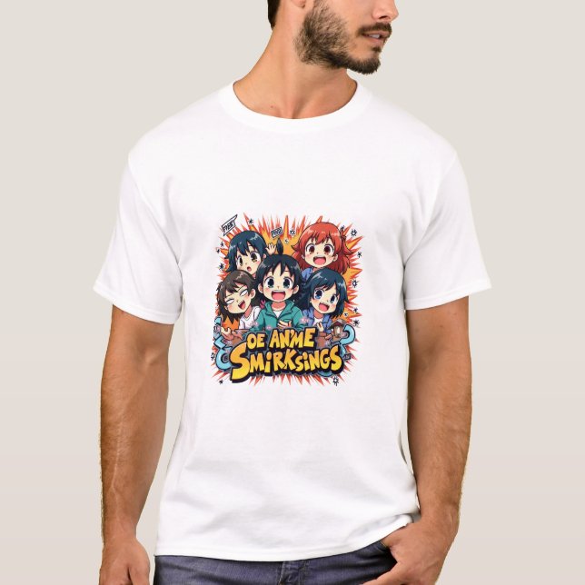 Anime Smirk Squad: Playful Chibi Character Group T Shirt (Framsida)