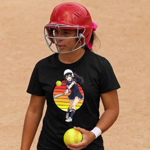 Anime Softbollflicka på Retro Solnedgångsmall T Shirt