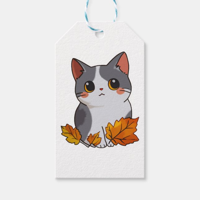 Anime, söt katt höst löv presentetikett (Framsidan)