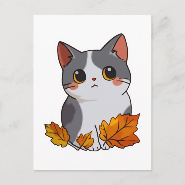 Anime, söt katt höst löv vykort (Framsida)