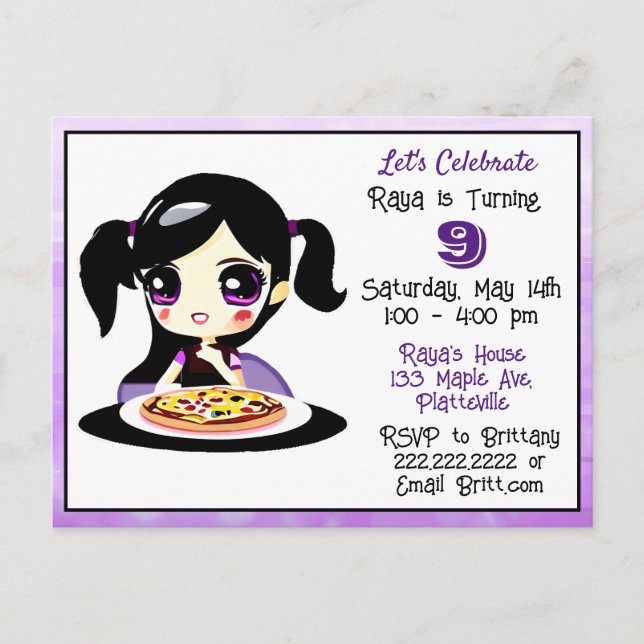 Anime-spelflicka födelsedagspizzaparty vykort (Framsida)
