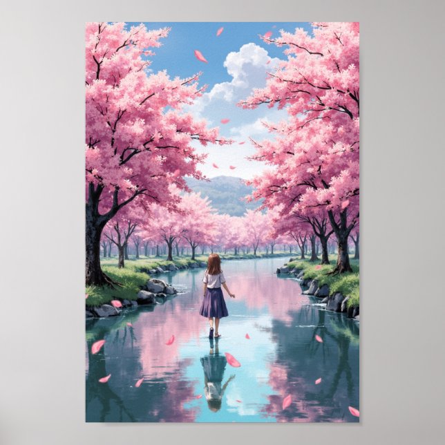 Anime Spring Blossom River Wall Art Poster (Framsidan)