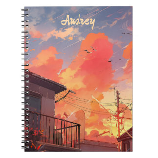 Anime Stadssiluett Himmel Estetik - Anime Solnedgå Anteckningsbok