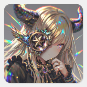 Anime Steampunk Horned Beauty med Star Monocle Fyrkantigt Klistermärke