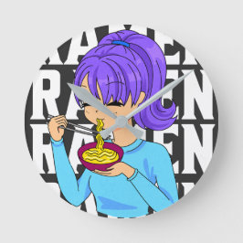 Anime stil flicka som äter Noodles Rund Klocka