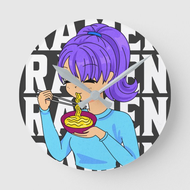 Anime stil flicka som äter Noodles Rund Klocka (Framsida)