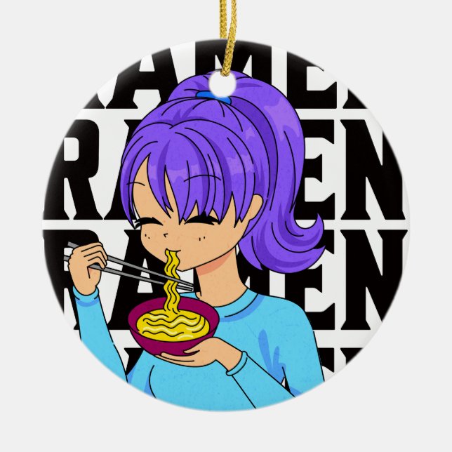 Anime stil flicka som äter Noodles svarta text Julgransprydnad Keramik (Framsidan)