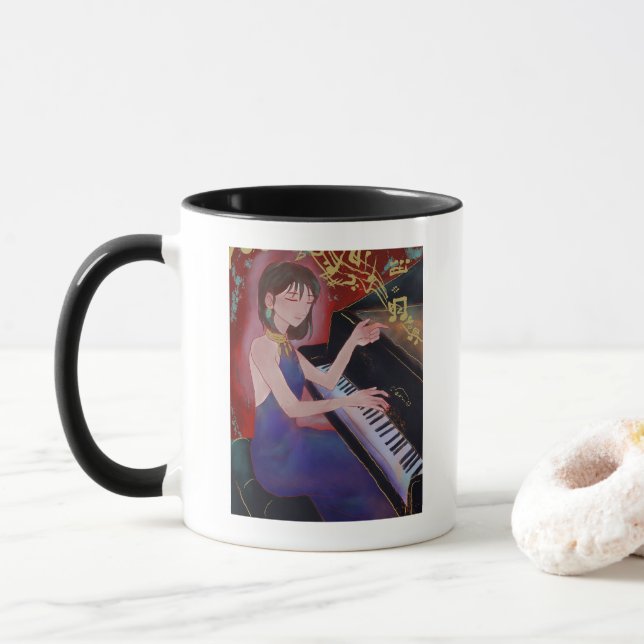 Anime-stil flicka spelar piano elegant musik  mugg (Med munk)