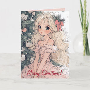 Anime-stil Girl and Julgran Card Kort
