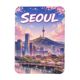 Anime-stil Seoul Sydkorea Landskapsaffisch Magnet