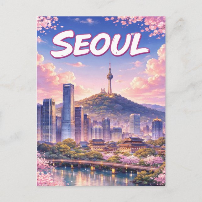 Anime-stil Seoul Sydkorea Skyline Vykort (Framsida)